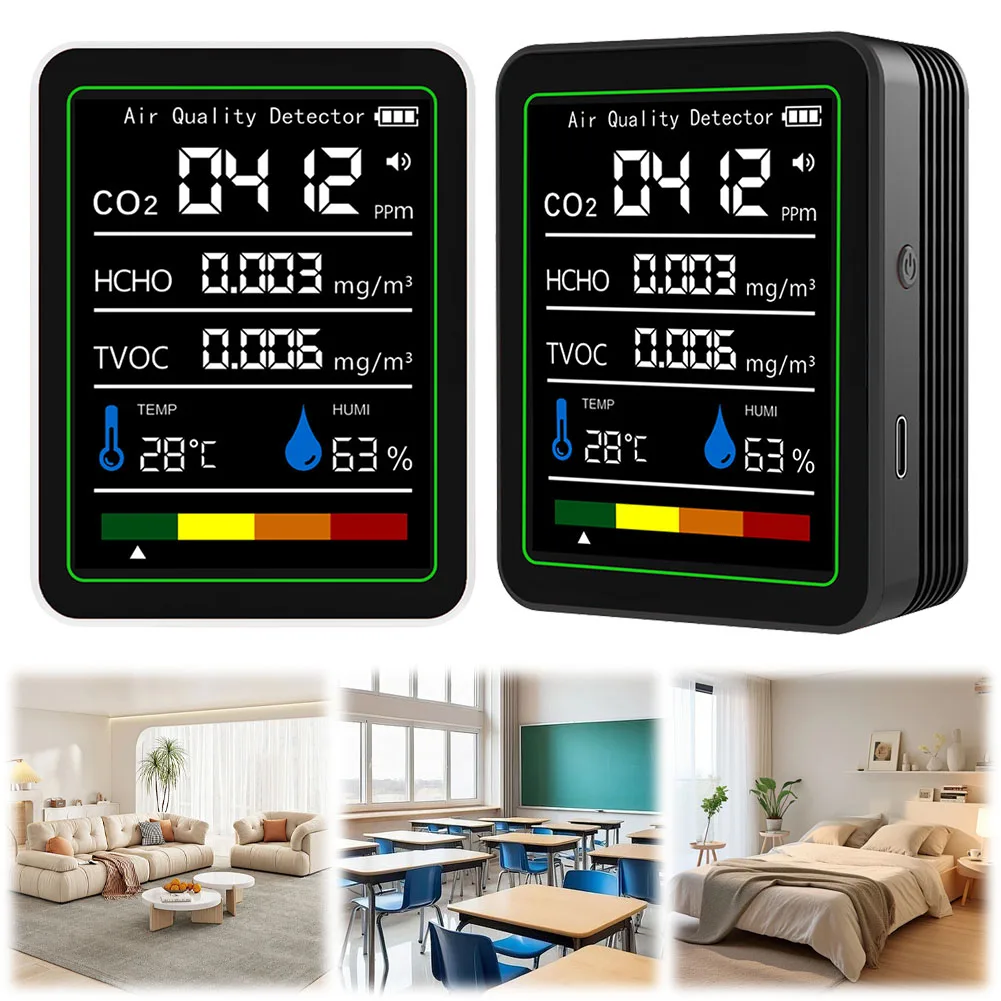 Monitor de temperatura y humedad 5 en 1, pantalla Digital CO 2, Monitor de calidad del aire, recargable por USB para detección de calidad del aire
