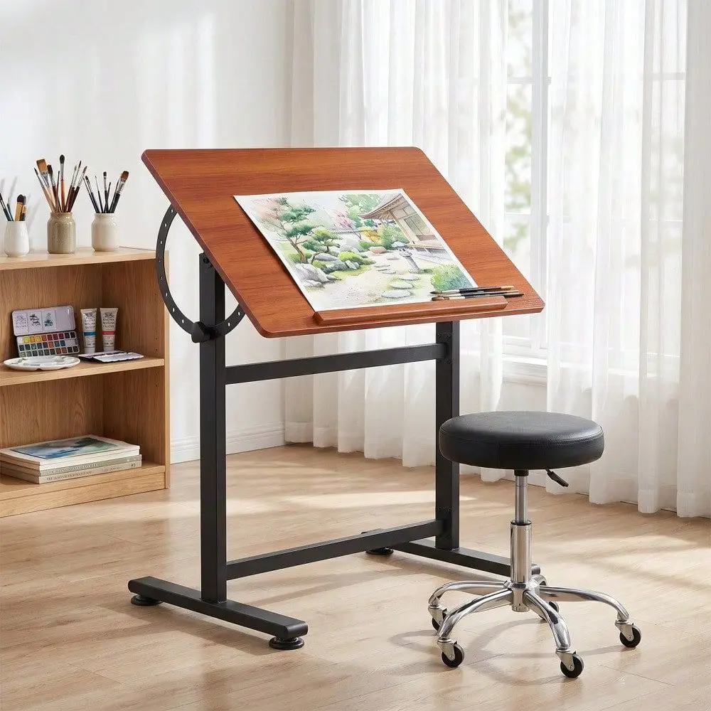 Adjustable Drafting Desk, 090 Tilting Drawing Table, SteelWood Art Drafting Table With AntiSlip Lip, For Artists, Architects, S