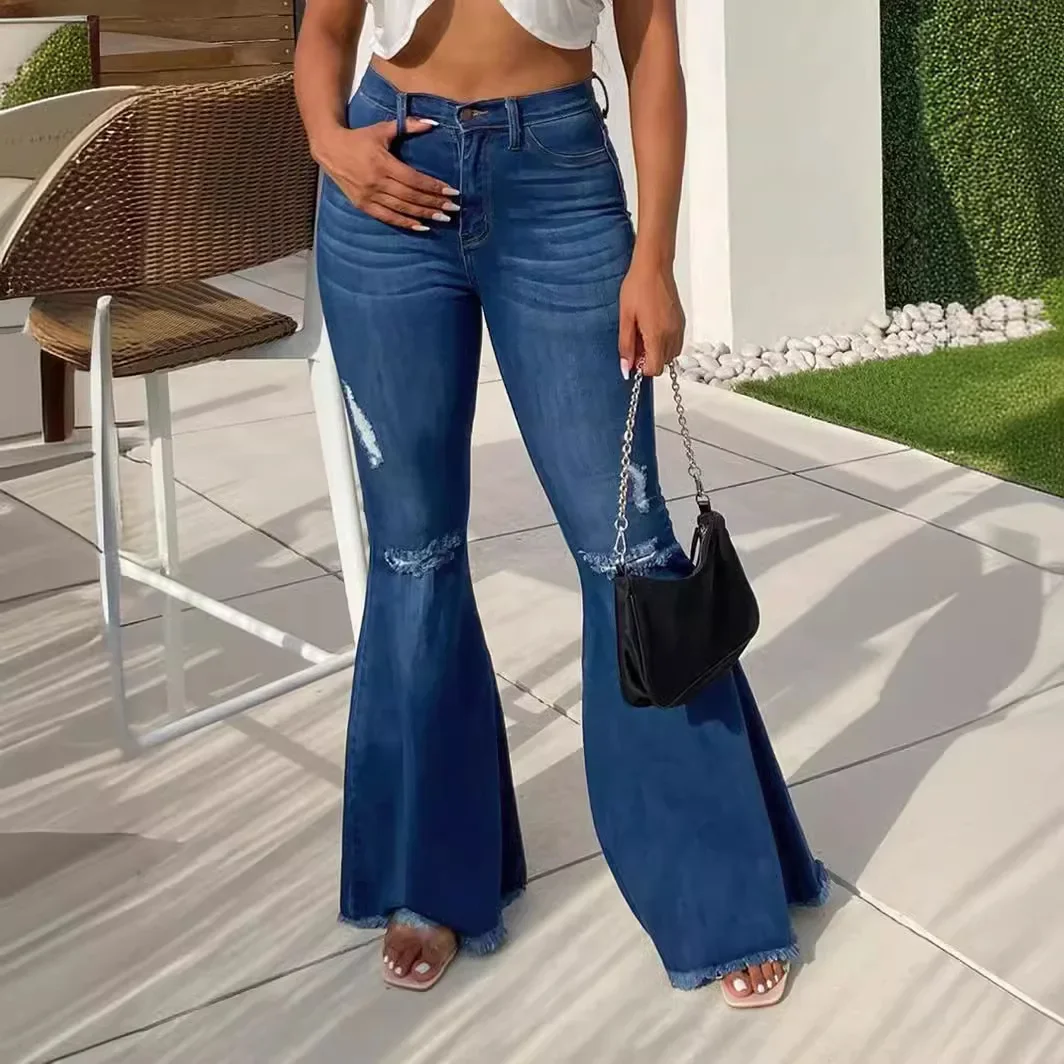 

Flare Pants Ripped Jeans For Women Streetwear Mid Waist Stretch Washed Distressed Casual Denim Trousers Hole Boot Cut 2025