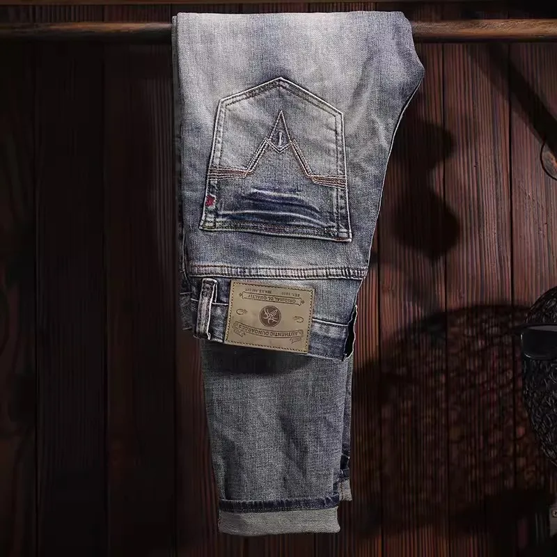 Street Fashion Men Jeans High Quality Retro Washed Blue Stretch Slim Fit Ripped Jeans Men Patched Designer Vintage Denim Pants