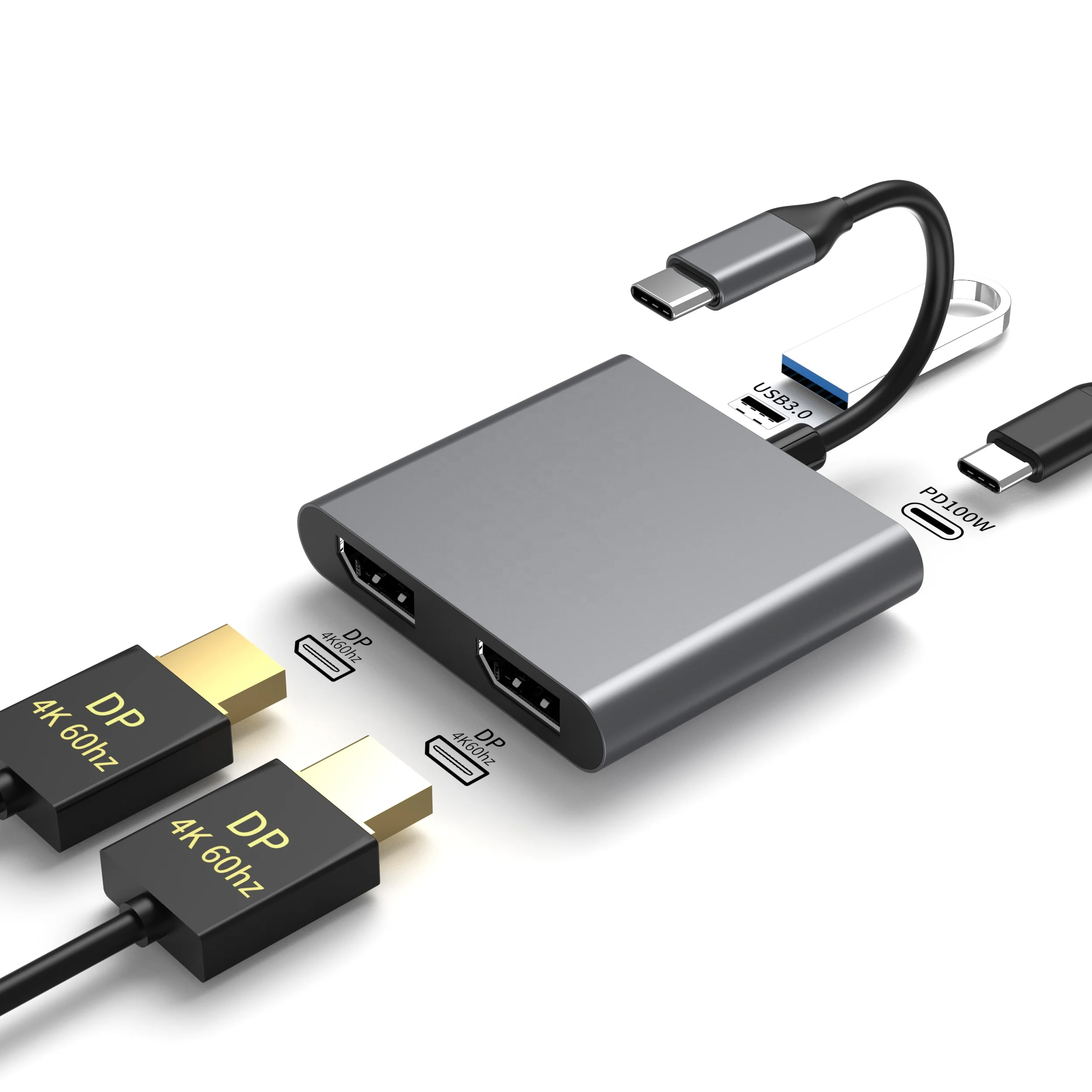 4 in 1 USB-C DUAL DP MST HUB 4K60HZ with USB a 3.0 5Gbps and PD100W Type c Mini Hub Laptop Splitter