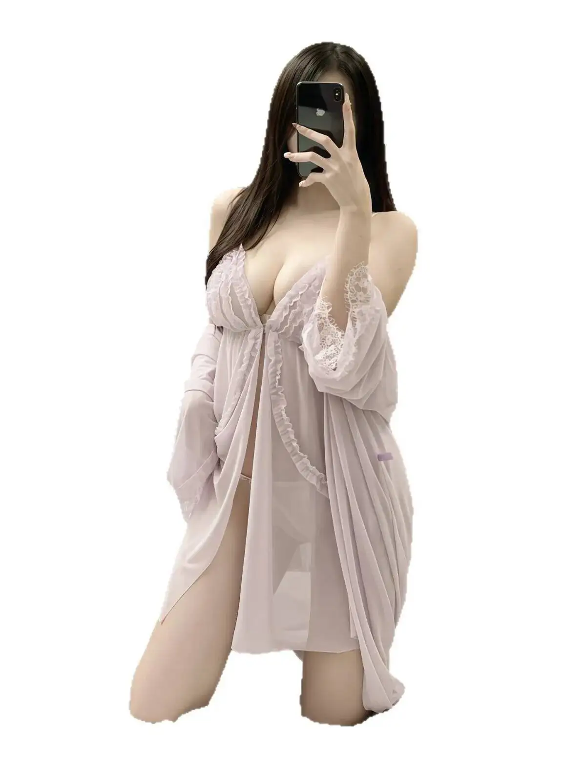 플러스 사이즈 섹시 퓨어 디자이어 나이트드레스 홈 섹시 파자마 투명 메쉬 캐미솔 레이스 트림 메쉬 스플라이싱 드레스 매력적인 2Y07