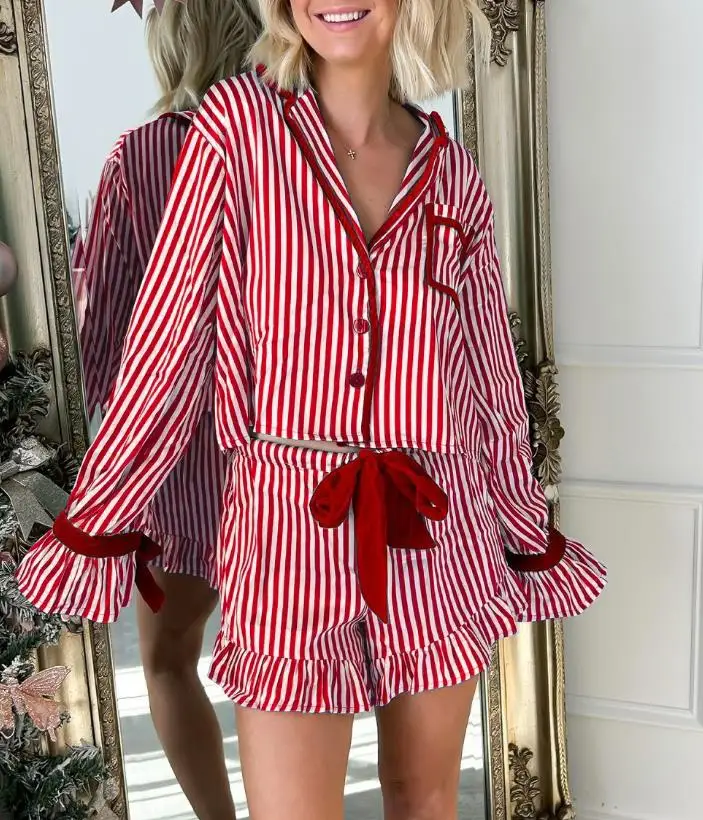 Women 2 Piece Satin Pyjama Set Cute Bow Striped Short Sleeve Shirt Loose Shorts Matching Set Summer Casual Loungewear S-XL