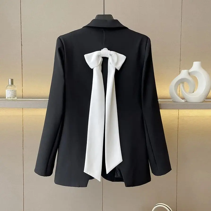 

Contrast Color Bow Loose Suit Women's Spring Autumn Elegant French Casual Fringe Fashion Slit Single Button Female Tops