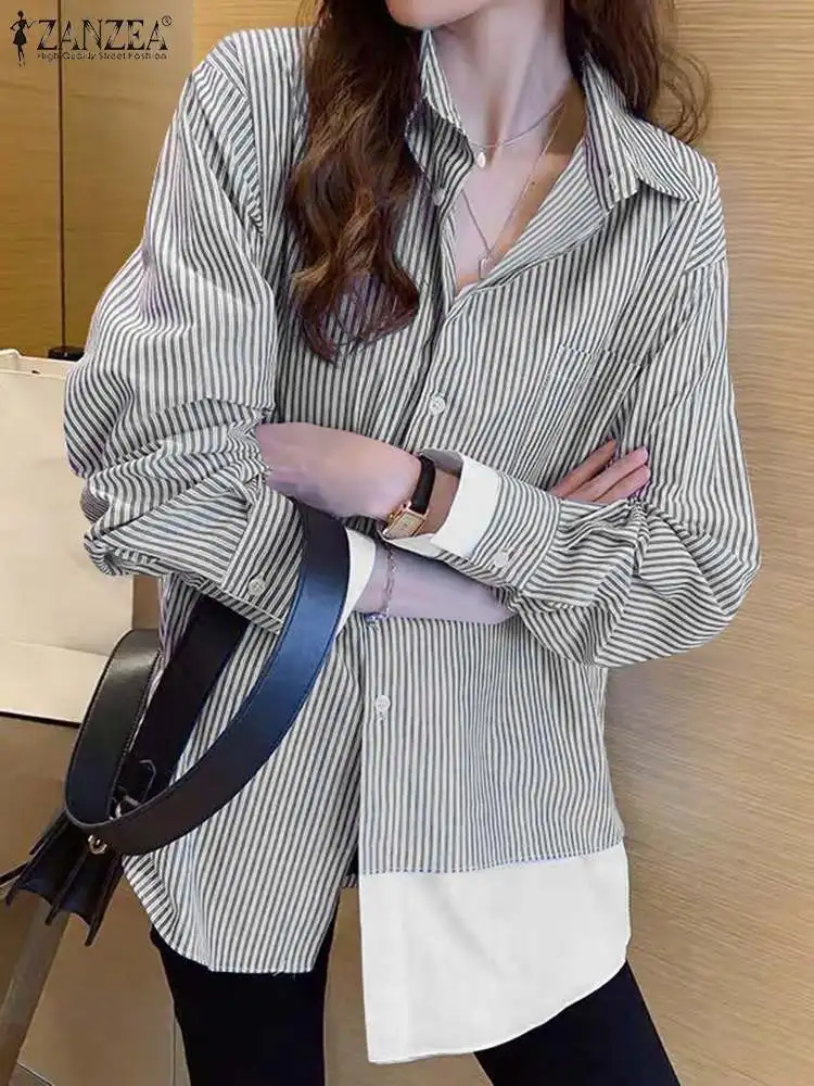 ZANZEA 2024 Autumn Long Sleeve OL Work Blouse Fashion Women Striped Shirts Casual Button Up Blusas Patchwork Tops Tunic Femme