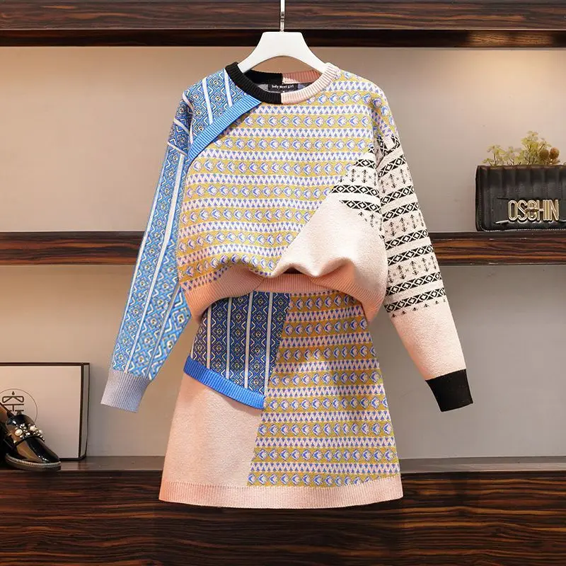 2023 Autumn New Vintage Print Spliced Knitted Sweater Pullover Mini Half Skirt Two Piece Elegant Women's Dress Set