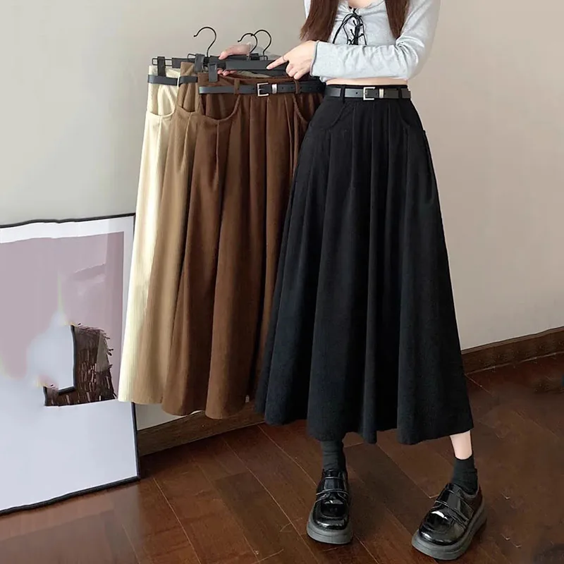 

ZHIO Autumn Winter Women Long Skirt Vintage Corduroy High Waist A-Line Skirts Female Fashion Streetwear with Pocket Midi Skirt