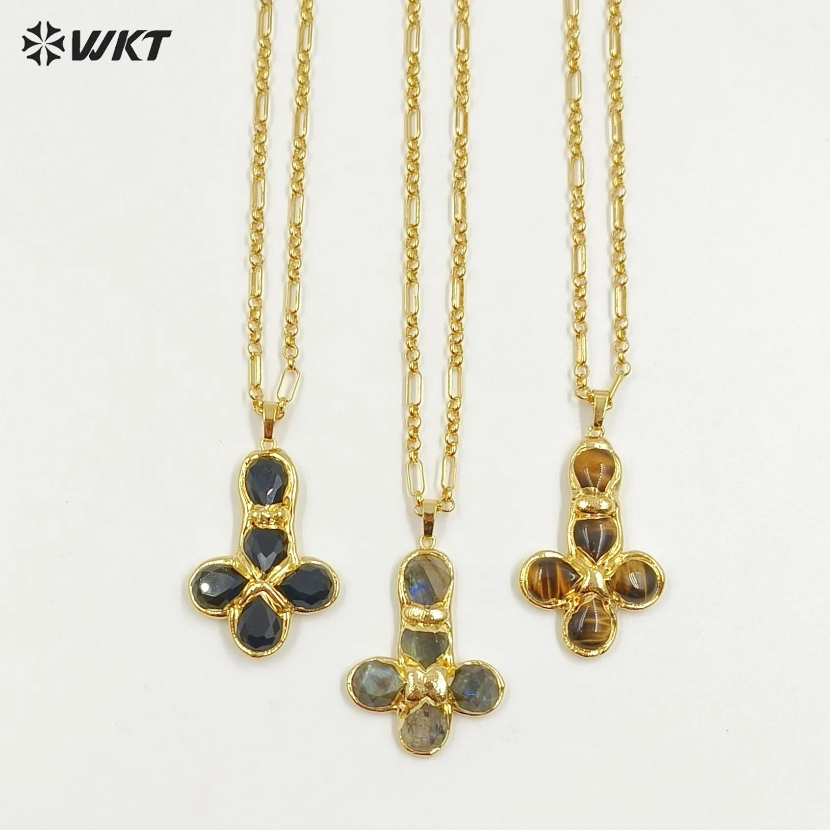 WT-N1495 Newest Wonderful Amazonite Natural Gemstone Back Full Gold Plated Cross Shape Pendant Necklace Fashion Jewelry