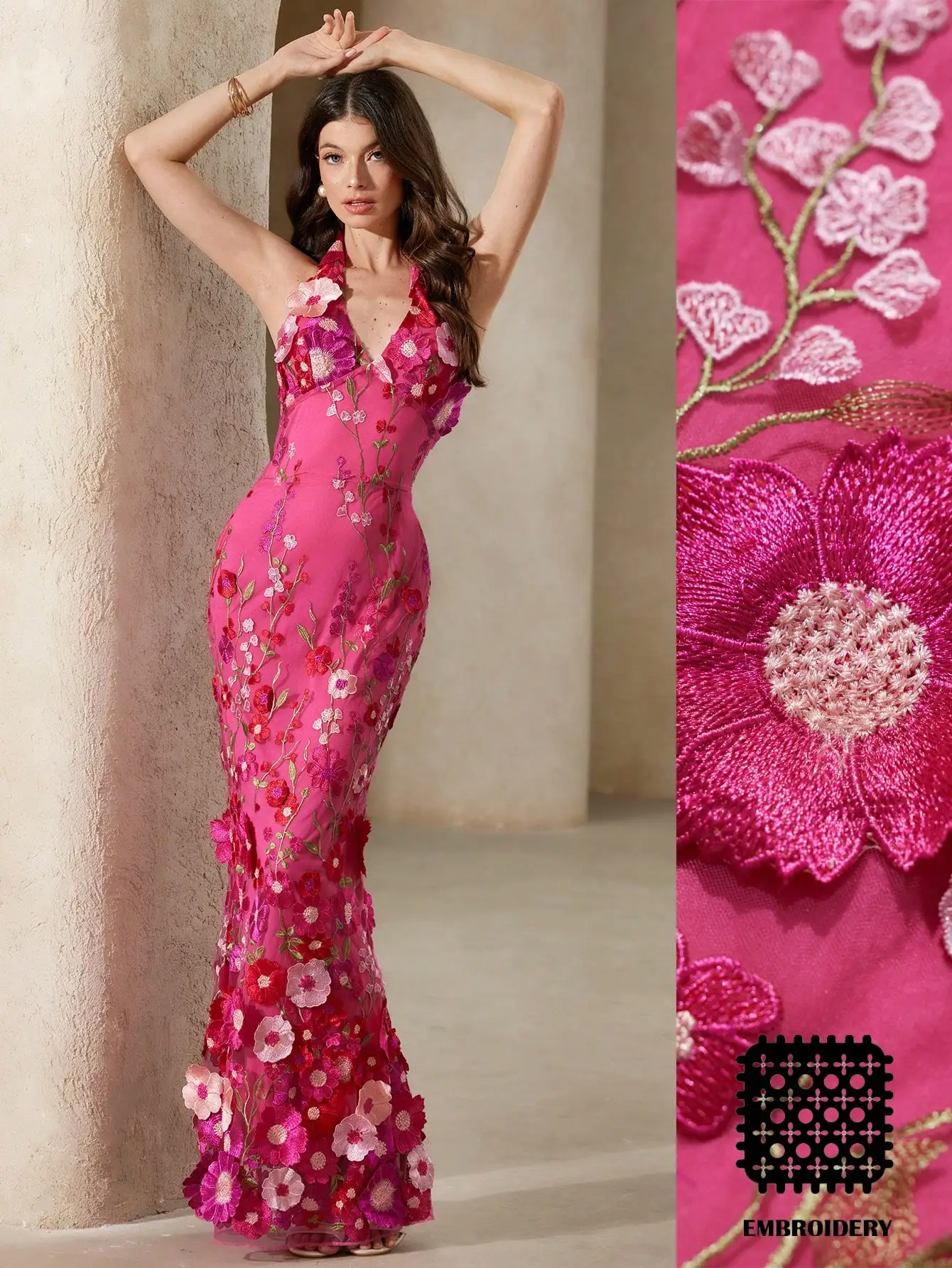 

Aveloria Rosie Elegant Romantic Sexy Jacquard Mesh Floral 3D Decoration Deep V Backless Tie-Up Bodycon