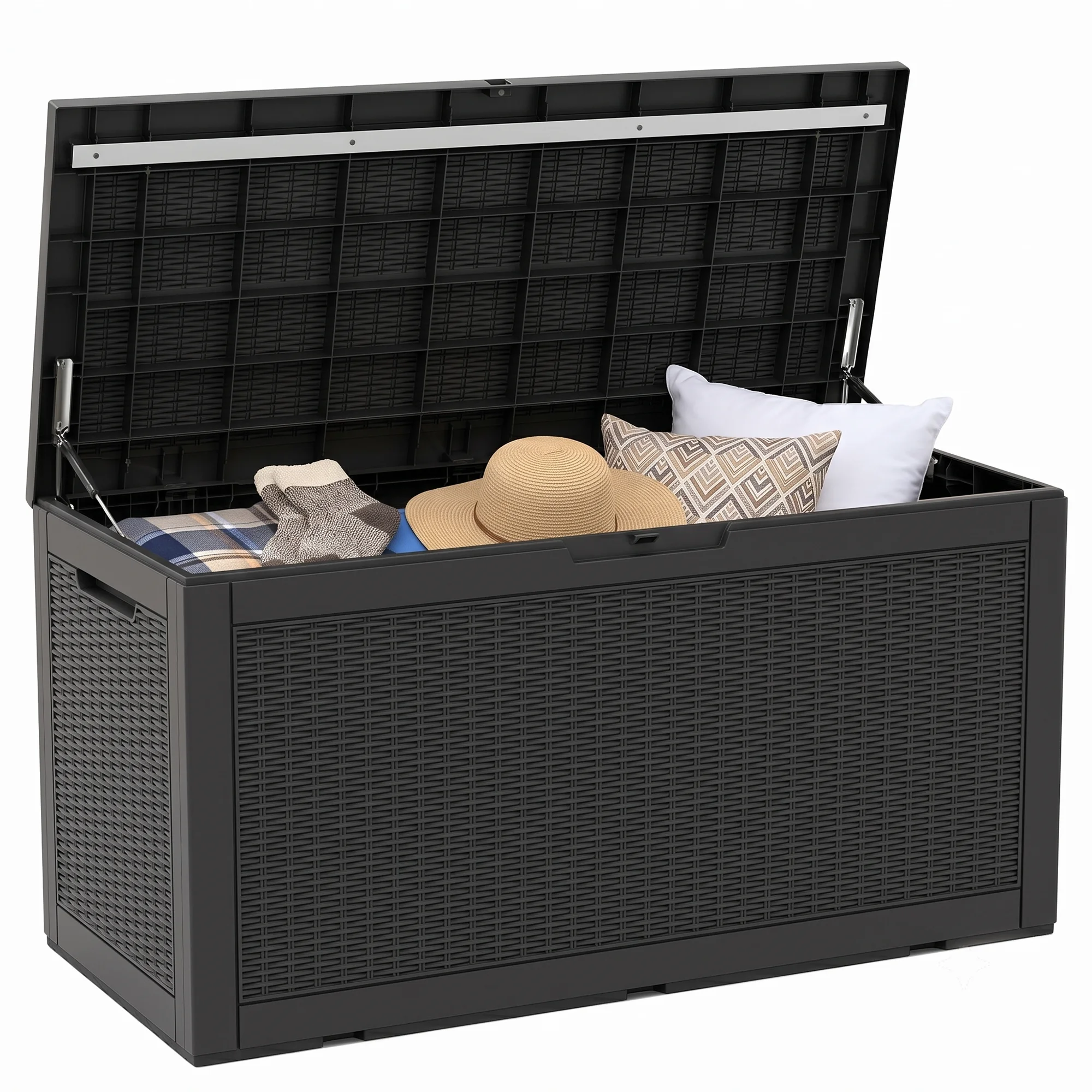 100 Gallon Outdoor Storage Deck Box, Resin Rattan Pattern Storage Container with Lid Support Bar, Indoor & Outdoor Patio Storage Box