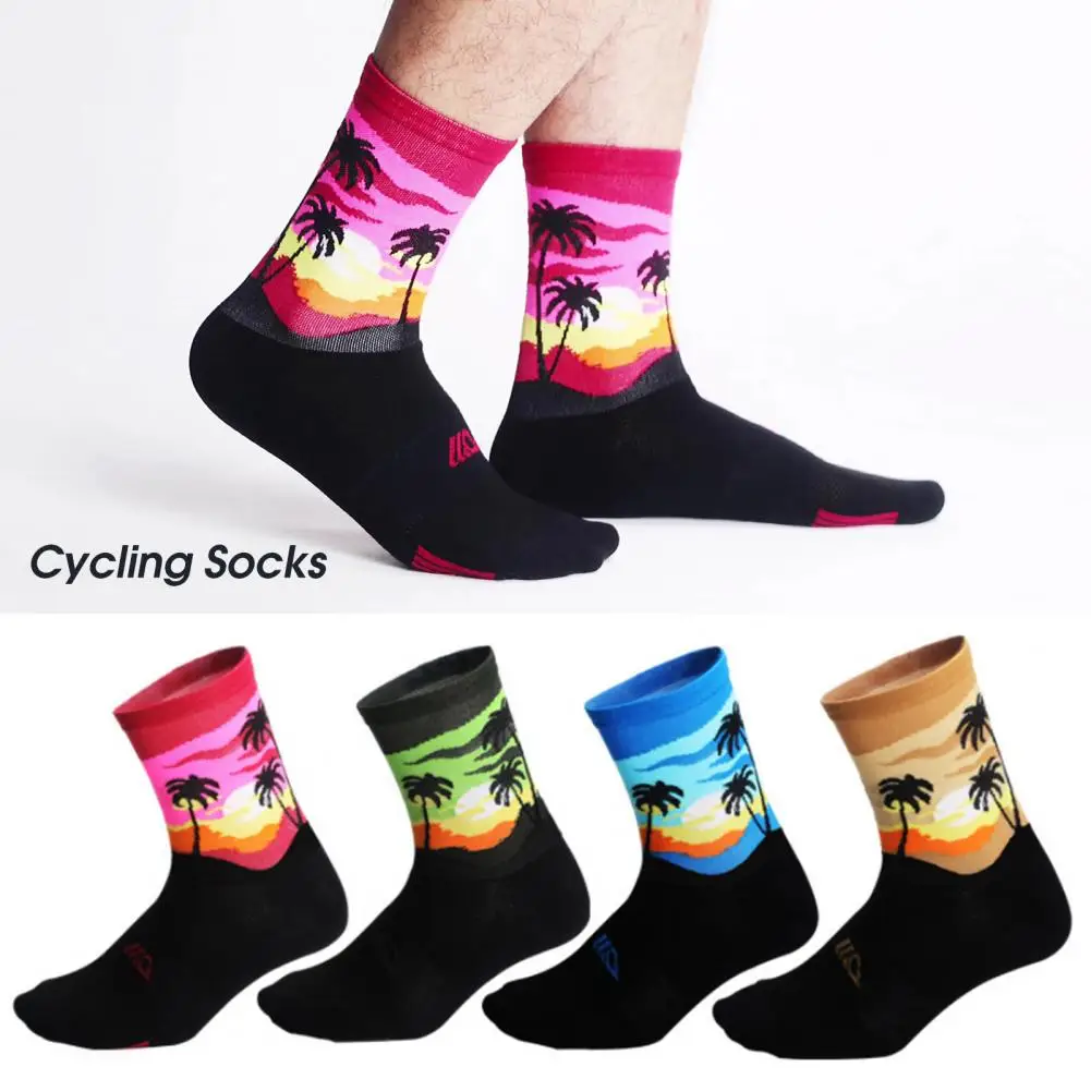 1 Pair Trendy Cycling Socks Coconut Tree Pattern Moisture Absorption Universal Unisex Bicycle Socks for Riding