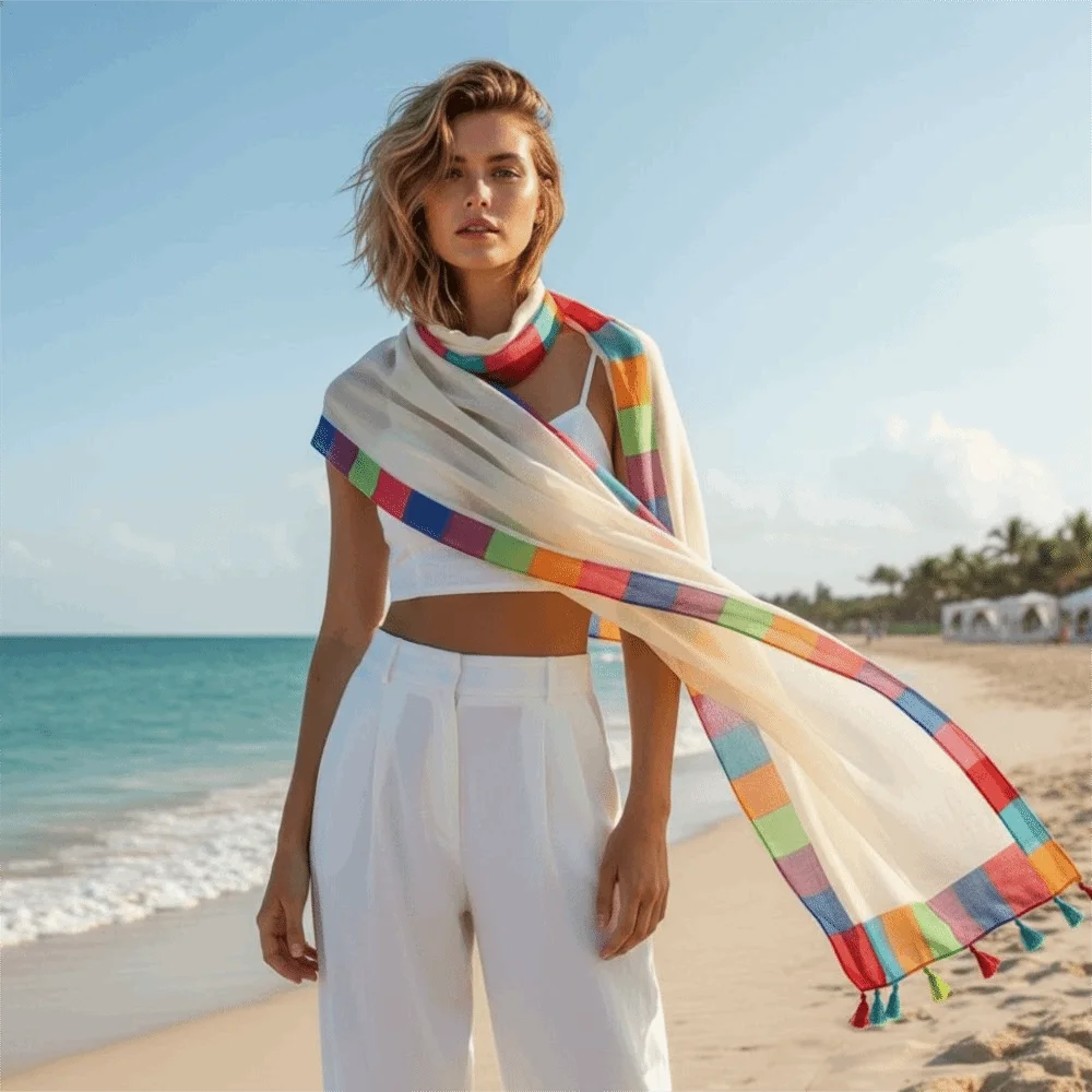 New Breathable Rainbow Border Sheer Scarf Tasseled Polyester Beach Wrap Summer Shawl Beach Use