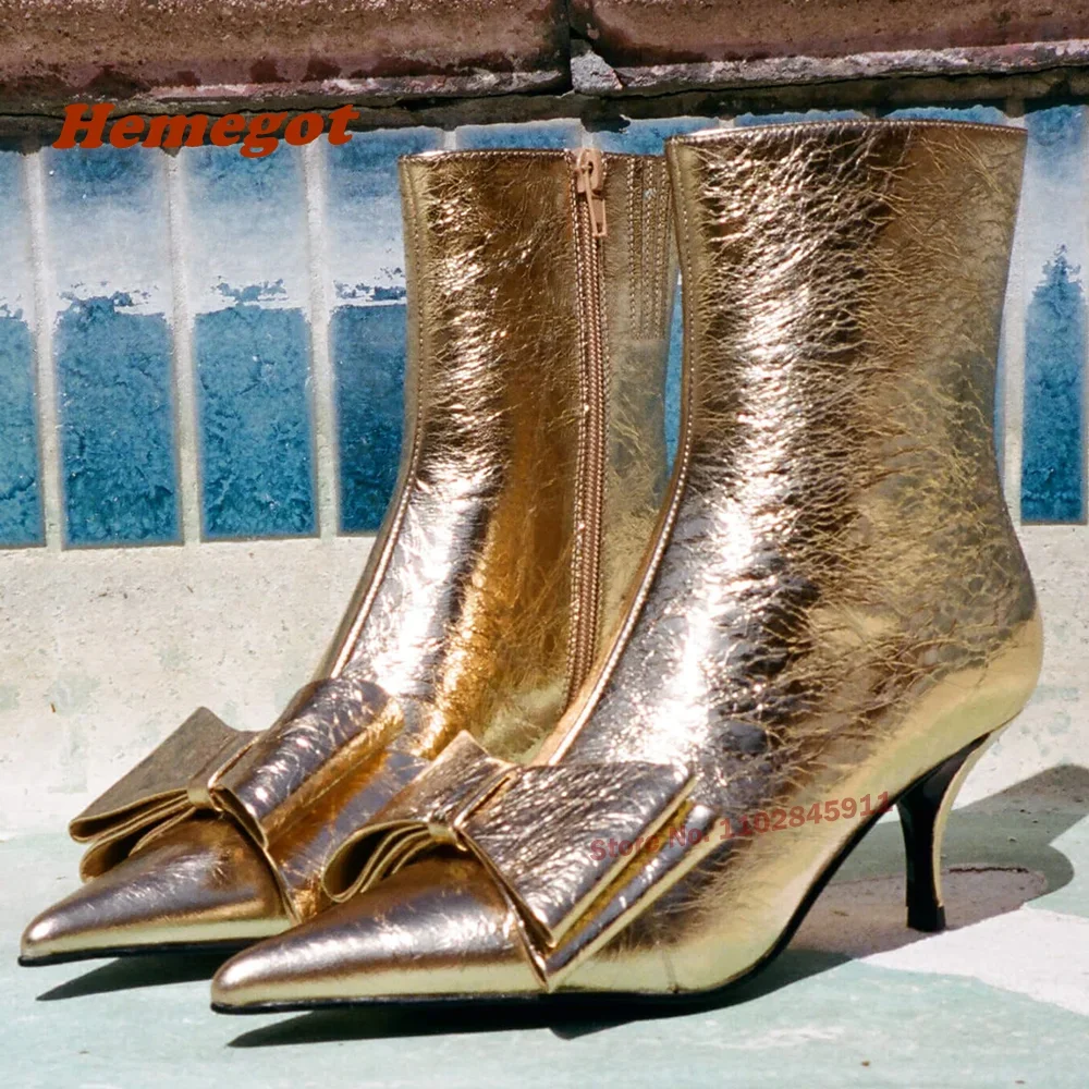 Pointed Toe Kitten Heel Boots with Bow Crack Skin Side Zipper Silver Women's Winter Boots Solid Mirror Glossy Casual Runway Shoe