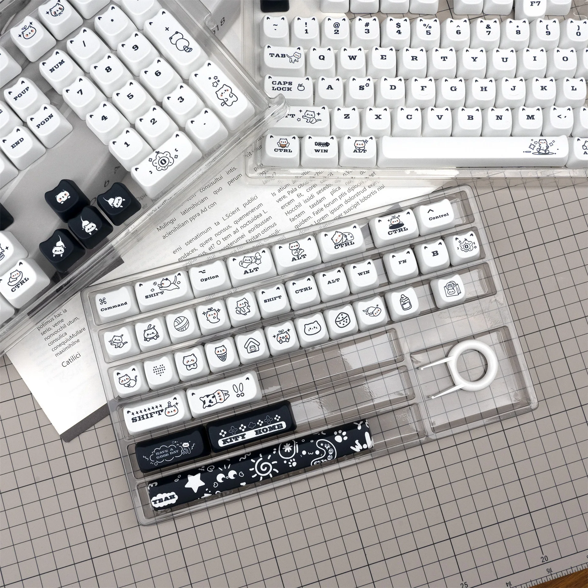 Lindo gato a rayas blancas, pequeño gato de frijol negro, altura MAO, Material PBT, conjunto completo, tapa de teclado mecánico personalizada