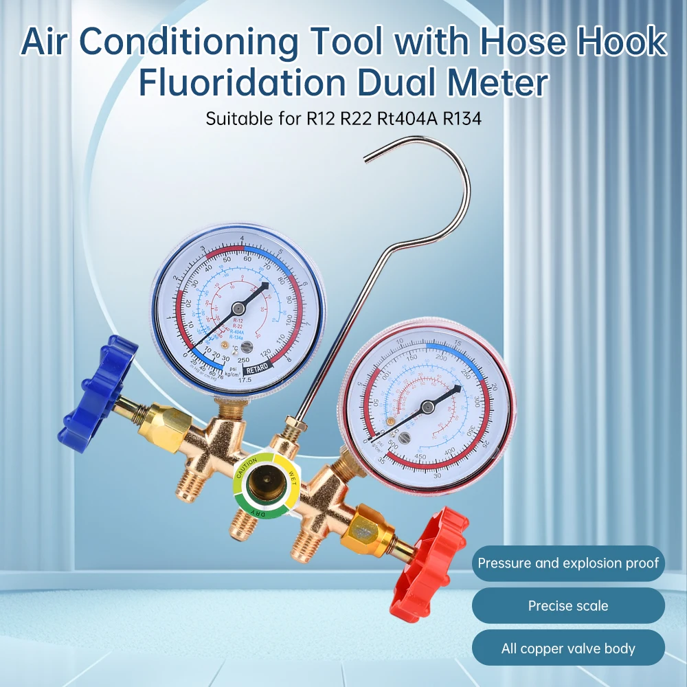 500psi Refrigerants Manifold Gauge Manometer Valve with Hose and Hook Air Condition Gauge for R12 R22 R404A R134A