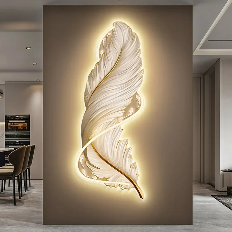 LED With Light Porch Vertical Version Luminous Feather Mural Light Luxury High-End Living Room Decorative Painting Sofa Backgrou