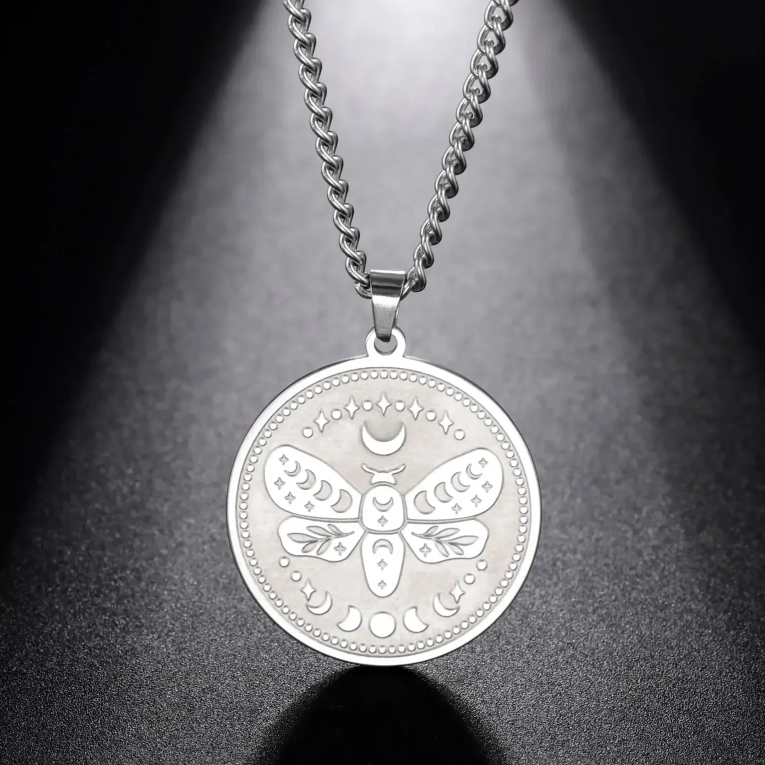 

My Shape Luna Moth Lunar Eclipse Stainless Steel Necklace for Men Sun Moon Stars Leaves Pendant Necklaces Vintage Male Jewelry