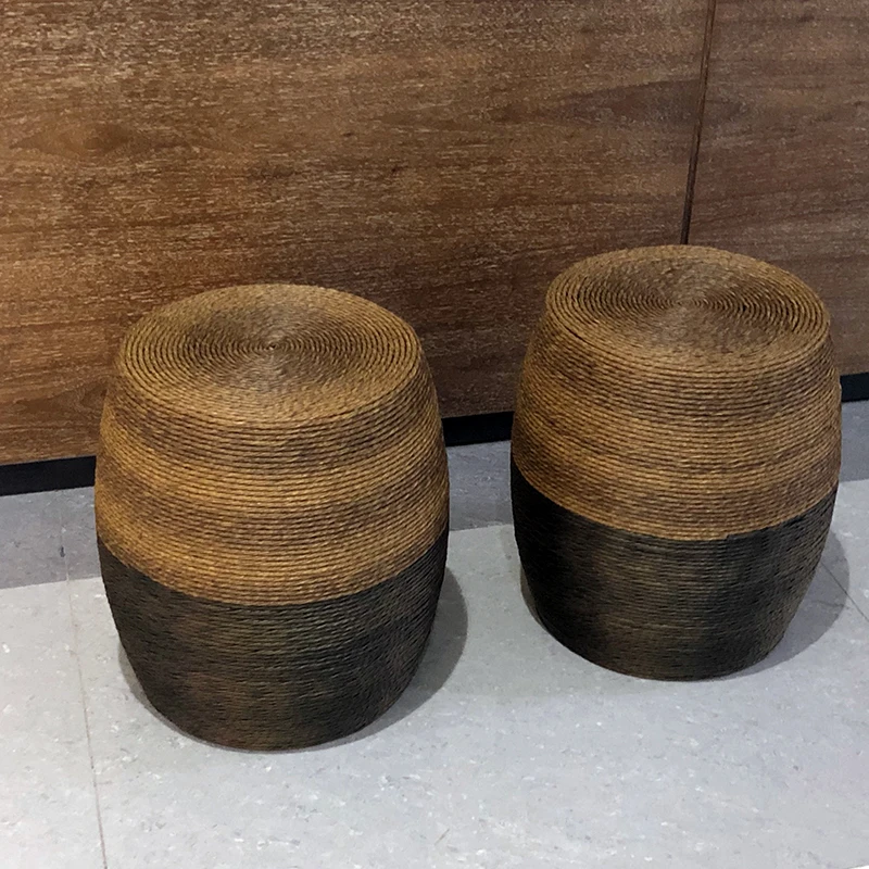 

Faux Rattan Guzheng Stool Entryway Shoe Bench Drum-Shaped Tatami Ottoman Zen Style Woven Seat for Chinese Style Interiors