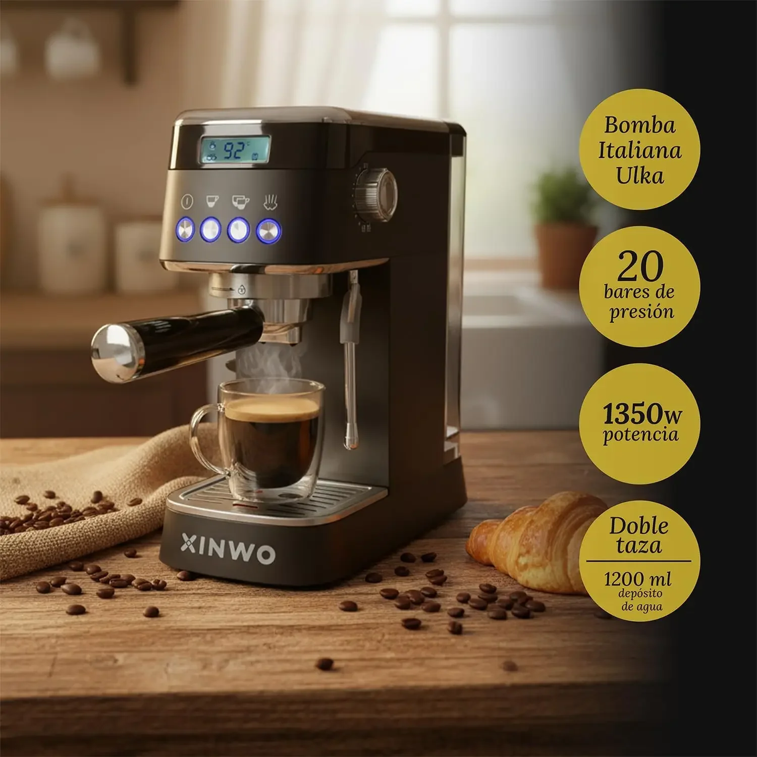 Cafetera Automática Retro de Acero Inoxidable, 1.2L, 20 Bares, Doble Portafiltro, con Accesorios