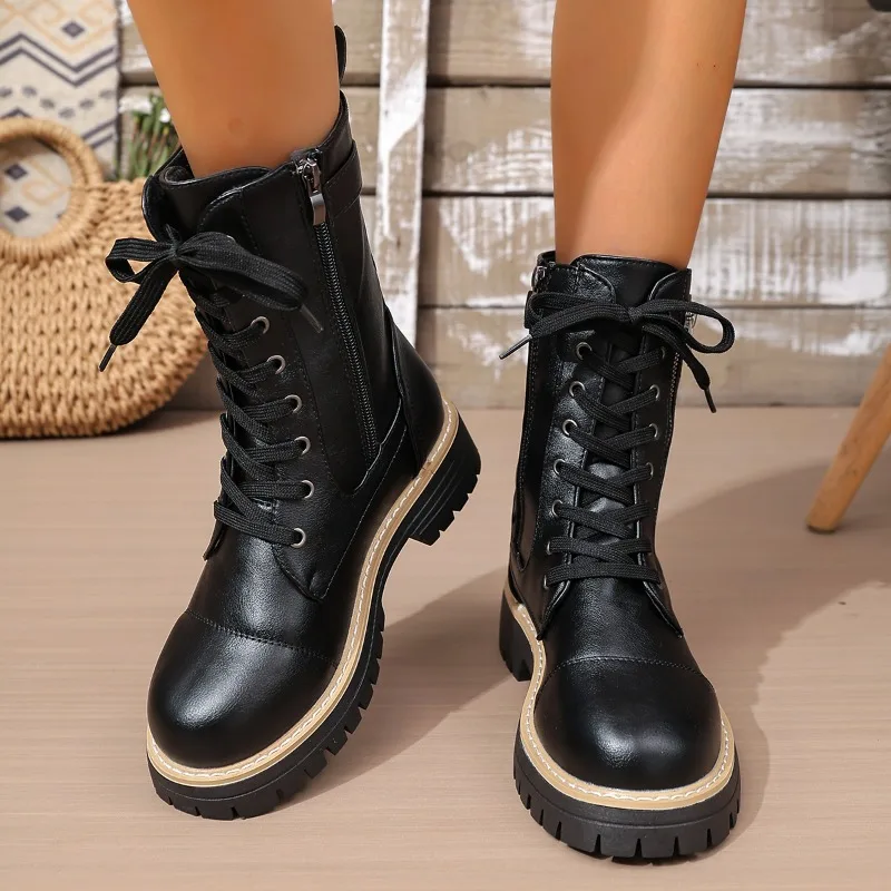 Fall Winter Daily Fashion Essential Women Mid Calf Lace Up Boots Side Zipper Platform Sole Street Style Pair