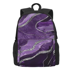 Purple Marble Agate Silver Glitter Backpacks Boys Girls Bookbag Students School Bags Kids Rucksack Travel Rucksack Shoulder Bag