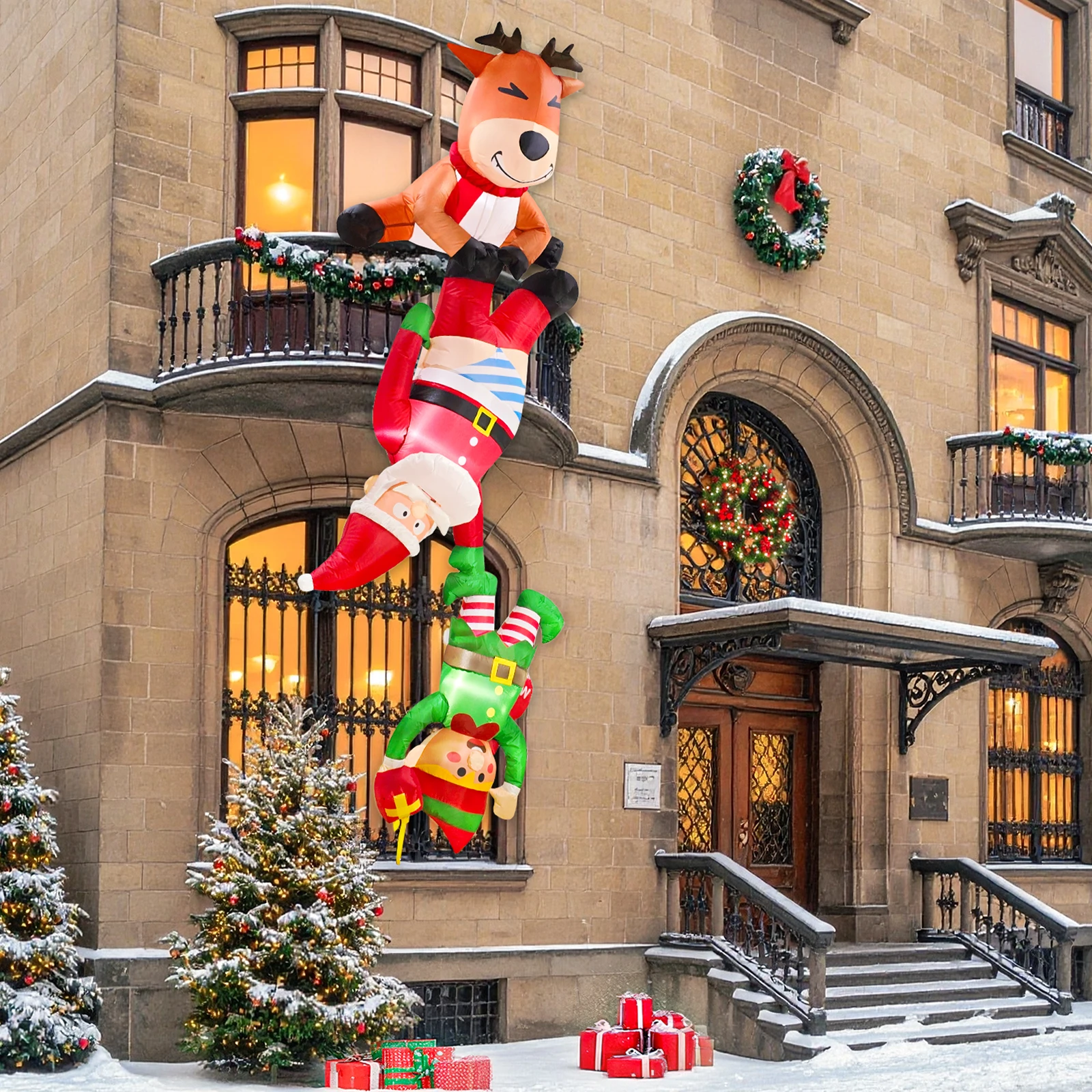 8FT Inflatable Christmas Decorations Outdoor, Funny Christmas Inflatables Reindeer Pulling Climbing Santa and Falling Elf Decor - view 5