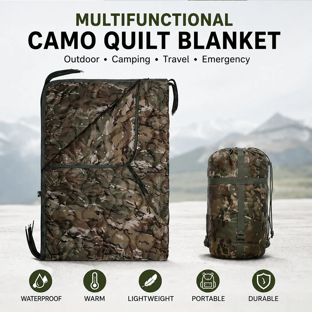 Tactical Camo Camping Blanket with Zipper Convertible Sleeping Bag Lightweight Portable Warm Quilt for Hiking Travel Adventures