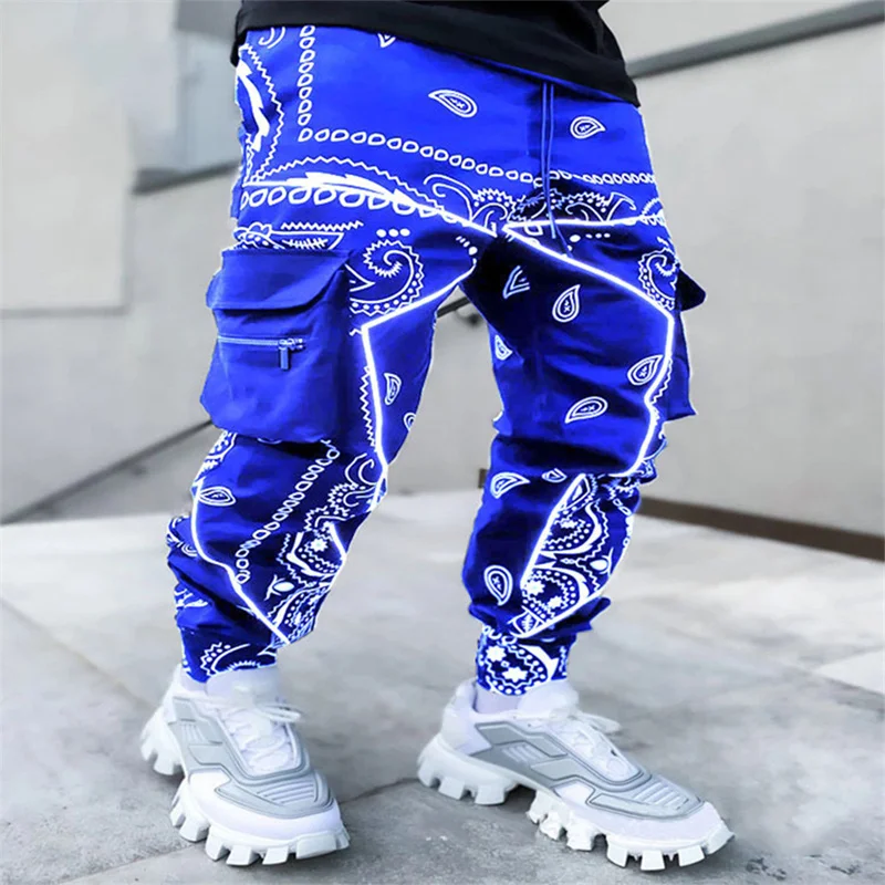 Men's Cashew Flower Print Casual Long Pants Male Cool Street Dance Skateboarding Trousers Hip Hop Clothing Multi-Pocket Overalls