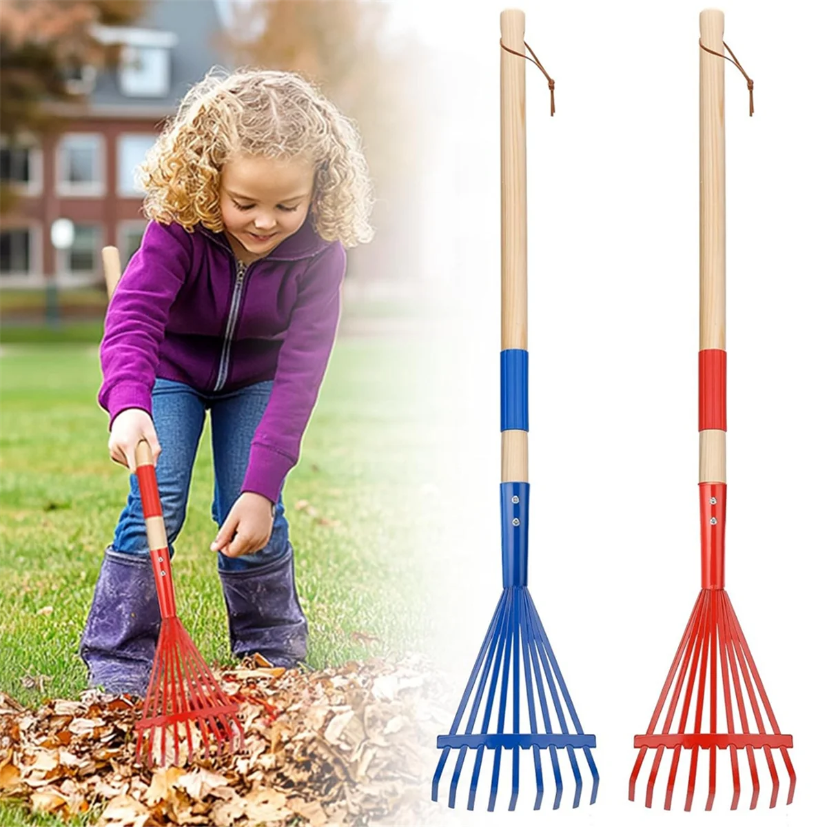 Râteau pour enfants A72Z avec manche en bois dur et râteau mignon pour enfants, outil de jardin pour enfants de plus de 3 ans