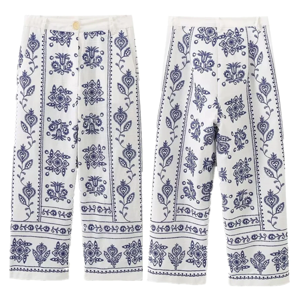 

Maxdutti Fashion Straight Cropped Pants Ladies Flower Embroidered Casual Pants Moroccan Retro Blue Trousers Women