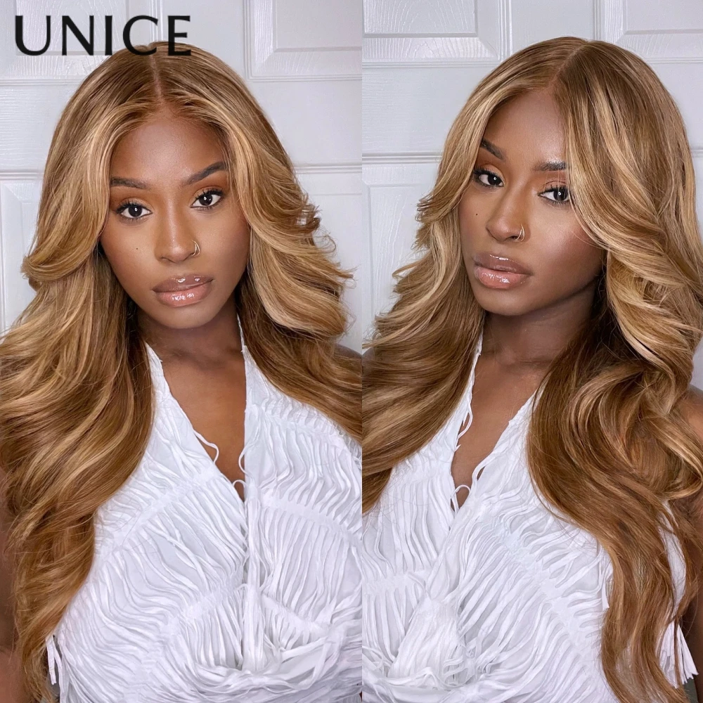 

UNICE 7x5 Glueless Brown Blonde Highlights Body Wave Human Hair Wigs With Drawstring 150% Density