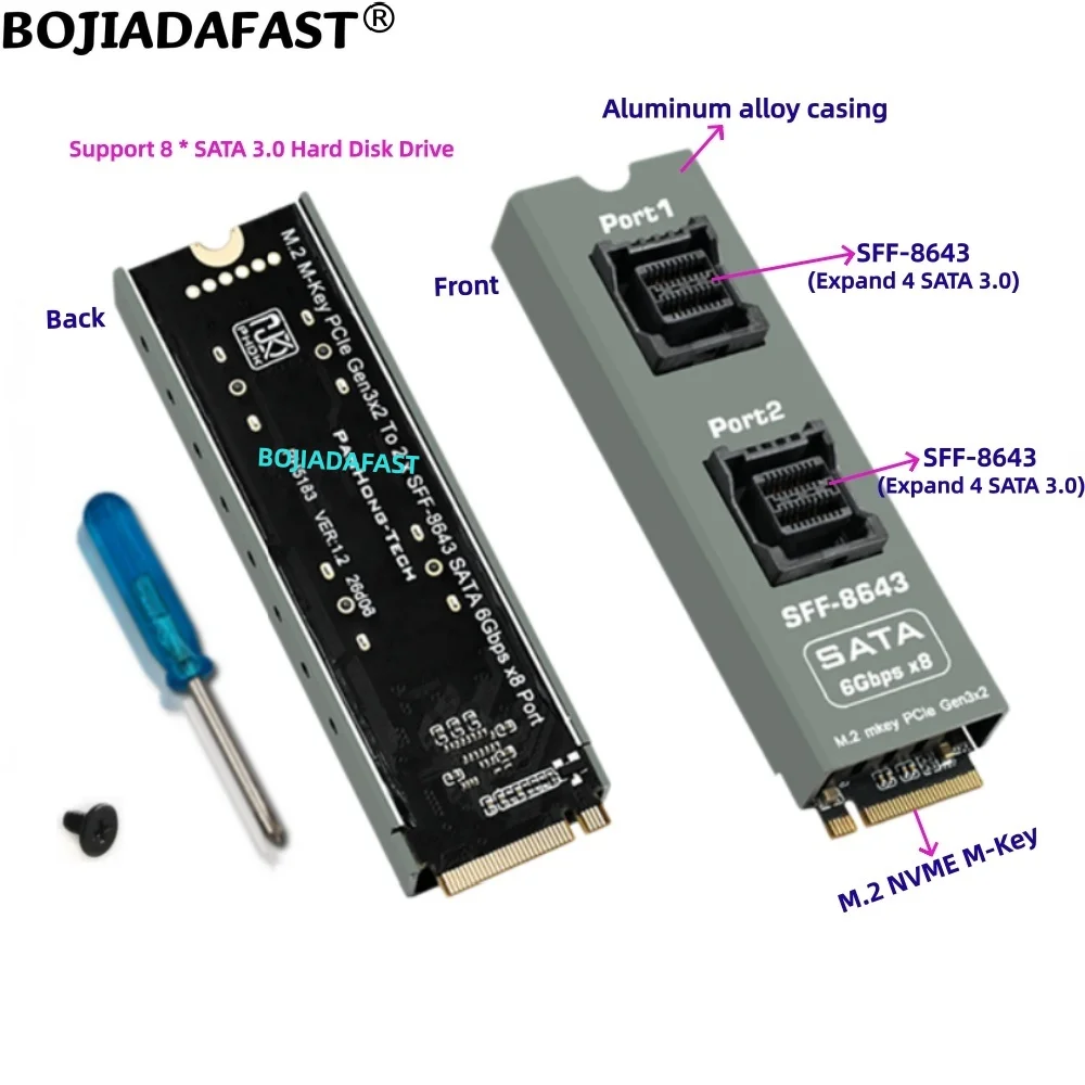 2 * Mini SAS SFF-8643 Connector to M.2 NVME M-Key Interface Adapter Expansion Riser Card Support 8 SATA 3.0 Hard Disk Drive