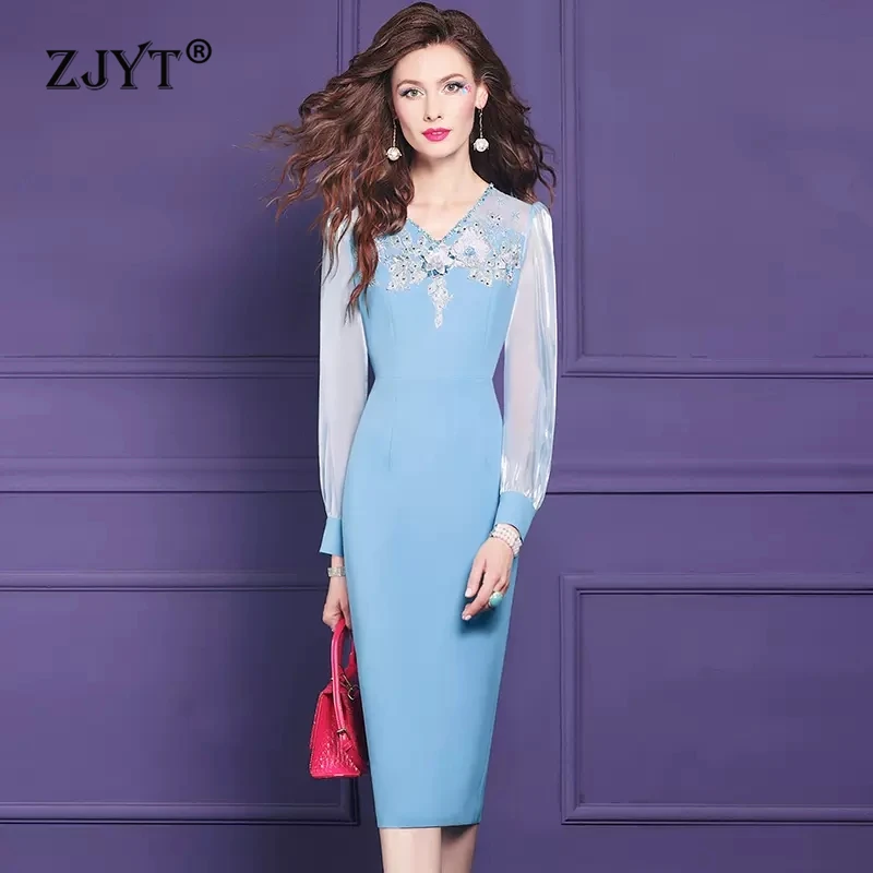 

ZJYT Designer Autumn Office Lady Pencil Dress Women 2024 Elegant Long Sleeve Beading Embroidery Cocktail Party Dresses Plus Size