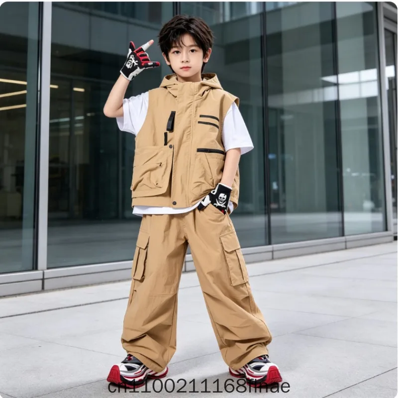 Children's Street Dance Costume Performance Suit, Boys' Hip-hop, Girls' Drum Set, Hip-hop Khaki Hooded Suit