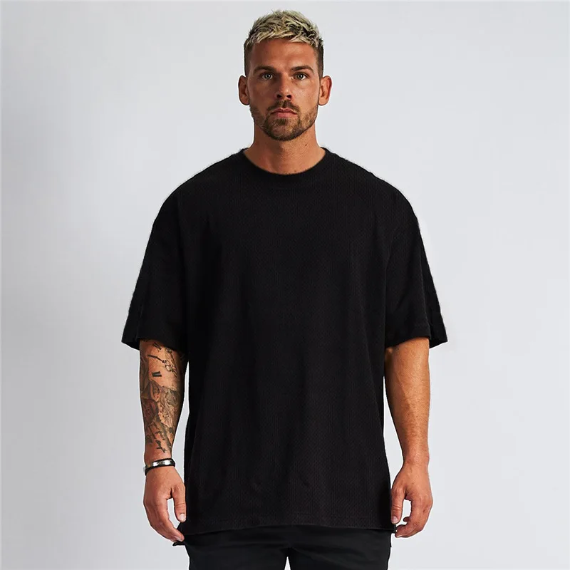 Oversized Solid Shoulder Loose Fit Fitness Sports Short Sleeved T-shirt with Men's Mesh Breathable Half Sleeves