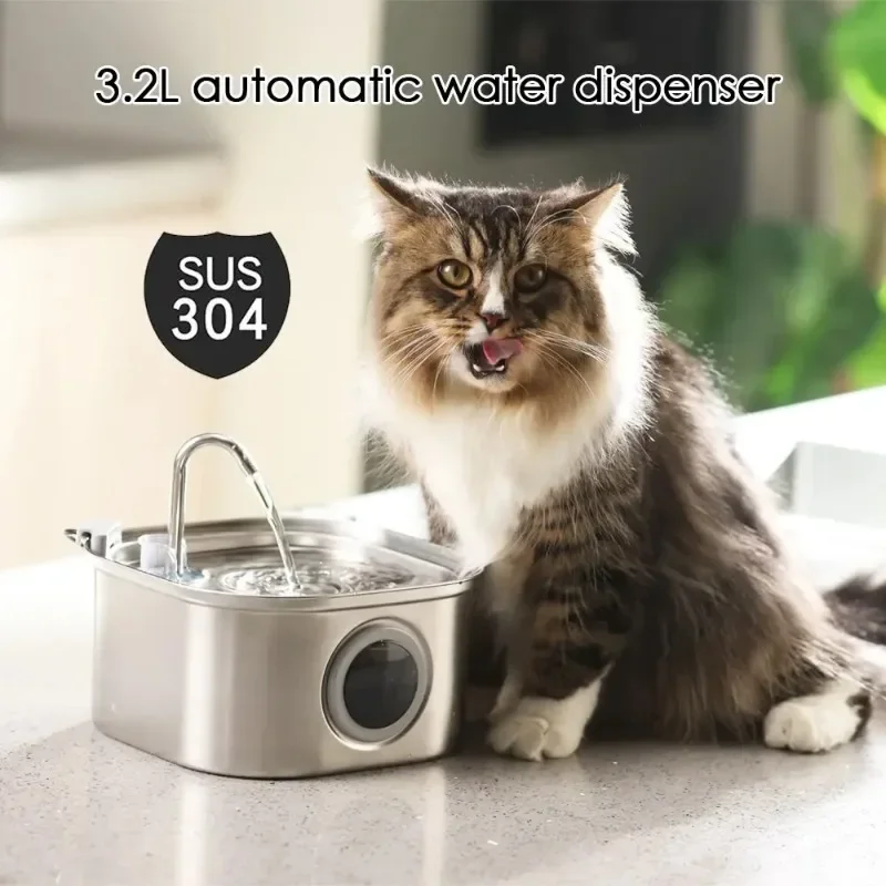 3.2L Transparent Window Cat Water Fountain with Sensor, Super Quiet, Auto Filter, Stainless Steel Automatic Dog Water Dispenser