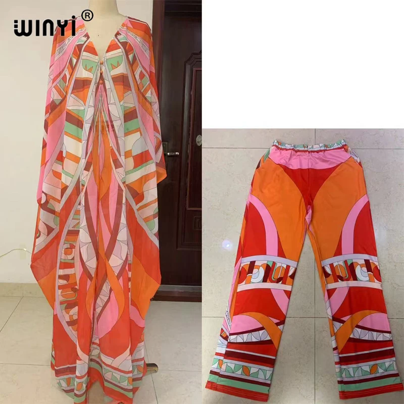 

WINYI 2021 two-piece suit Boho Printed kimonos verano Batwing Sleeve sukienka Women Elastic Silk Floor Length New Fashion kaftan