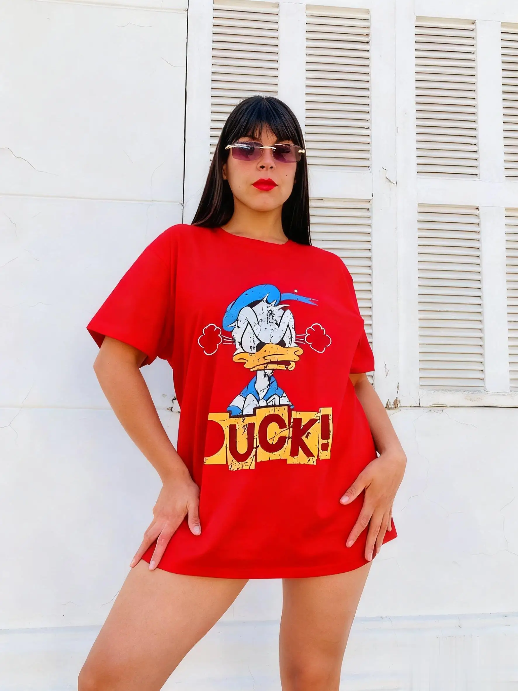 Camiseta con estampado de pato Donald enojado de Disney para mujer, Tops informales holgados de algodón de manga corta, ropa de calle de dibujos animados Y2k