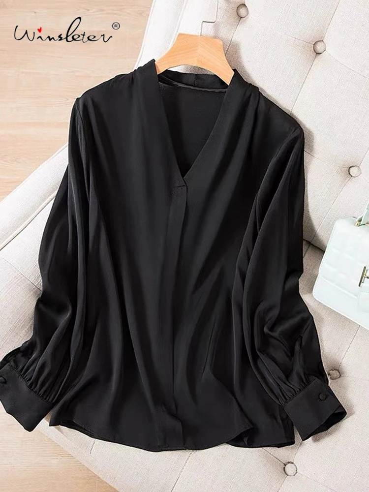 

Winsleter-Women 93%Silk 7%Spandex Elegant Shirt, V Neck Long Sleeve Solid, Basics Office Lady Loose Blouse, 2025 Autumn T57041CC