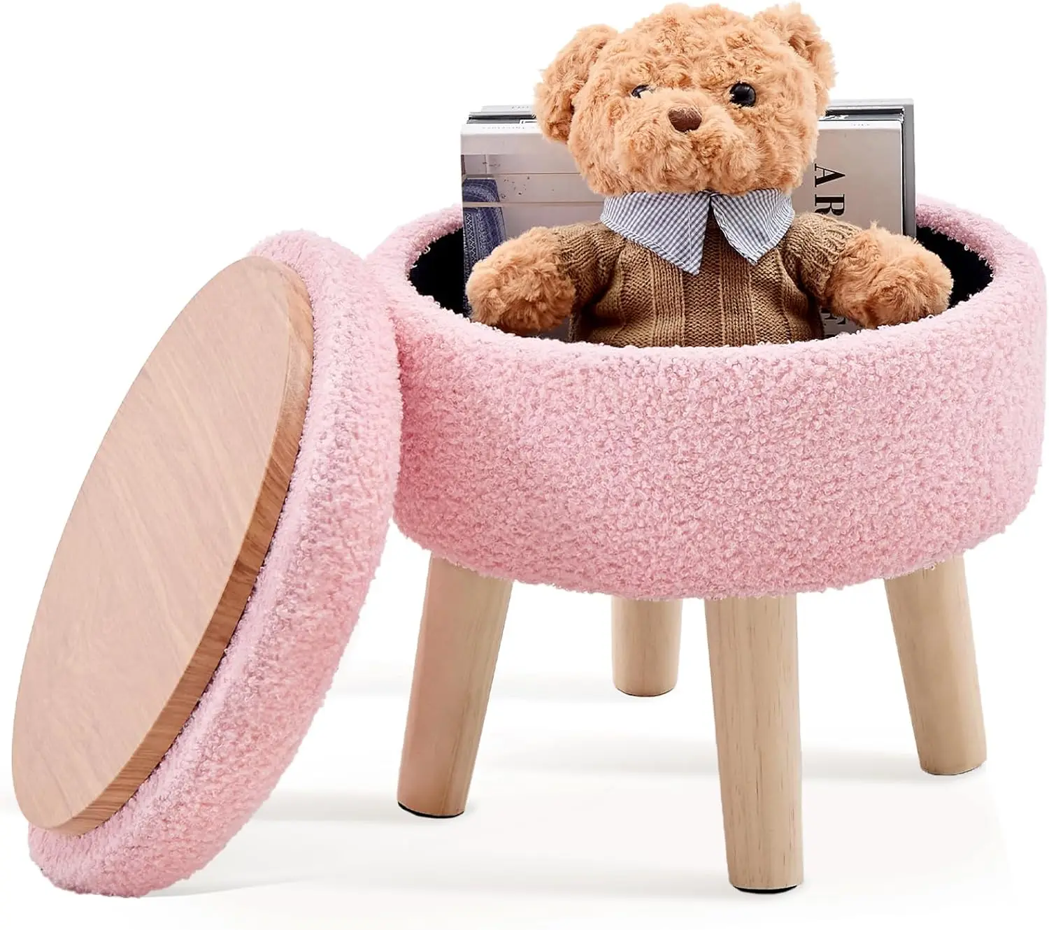 

Versatile Storage Ottoman, Round Footstool With Soft Padded Seat, Small End Table With 4 Wood Legs, Teddy Velvet Foot Rest For