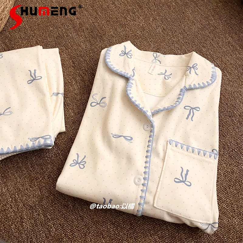 

Женские осенне-зимние пижамы, теплая домашняя одежда в корейском стиле с утолщенным бантом, женская японская носимая бархатная домашняя одежда