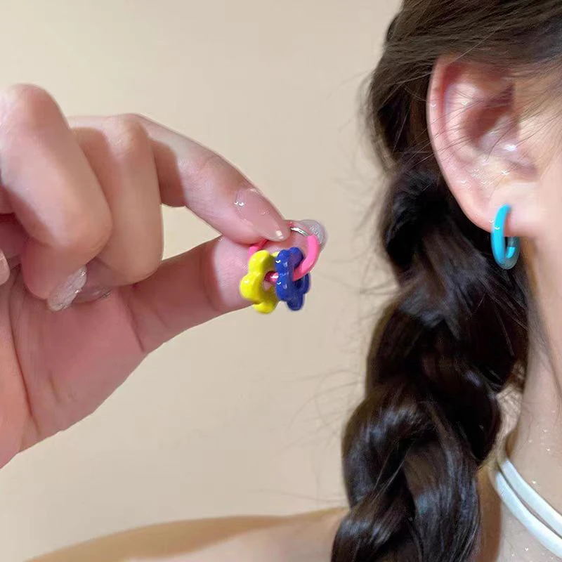 1Pcs Colorful Enamel Flower Metal Alloy Ear Buckle Dopamine Sweet Earrings Girls Birthday Party Friendship Jewelry Gifts ﻿
