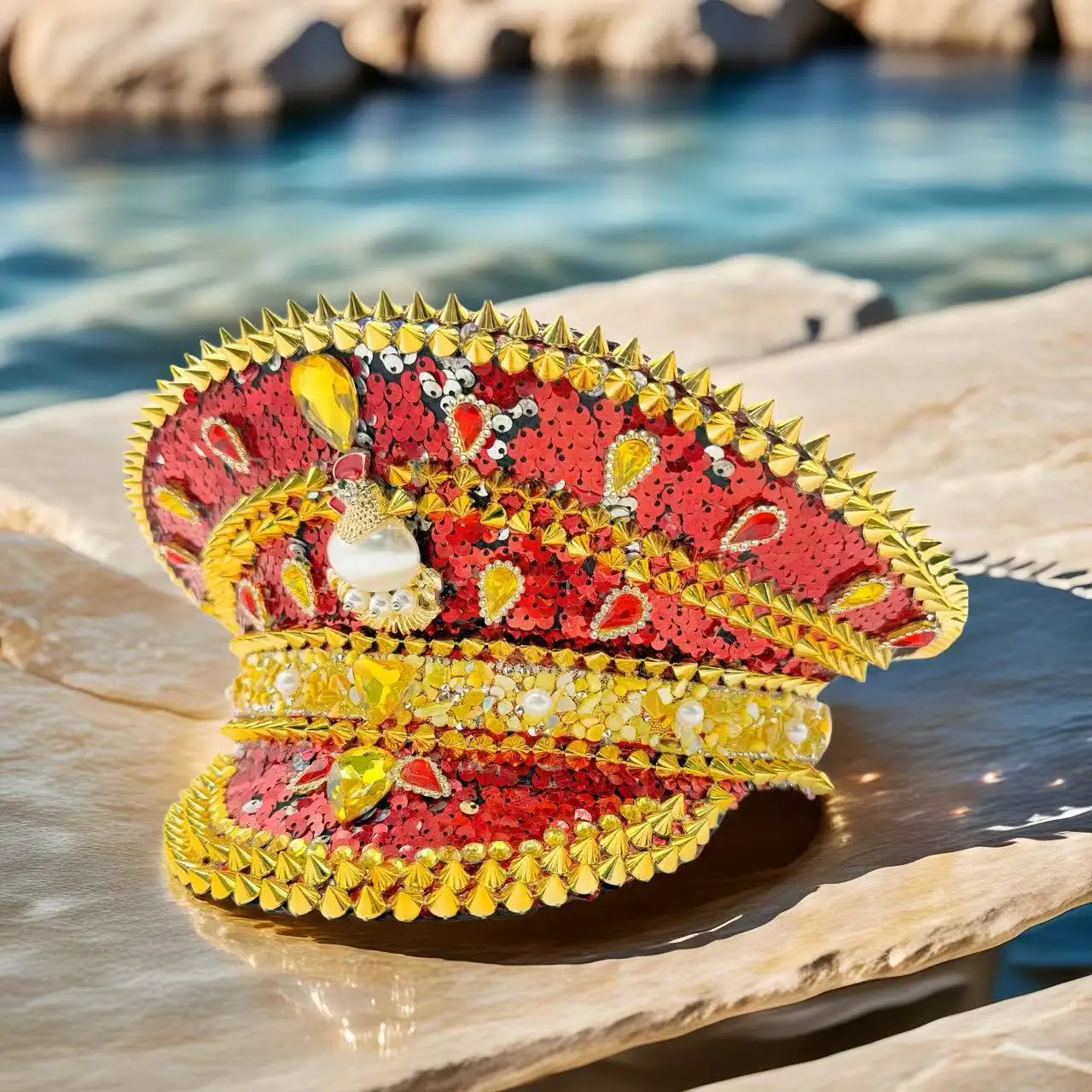 HongLuan Red Glitter Captain Hats Rhinestone for Music Festival Woman, Carnival Costume Hat Adult, Cosplay Female Accessories