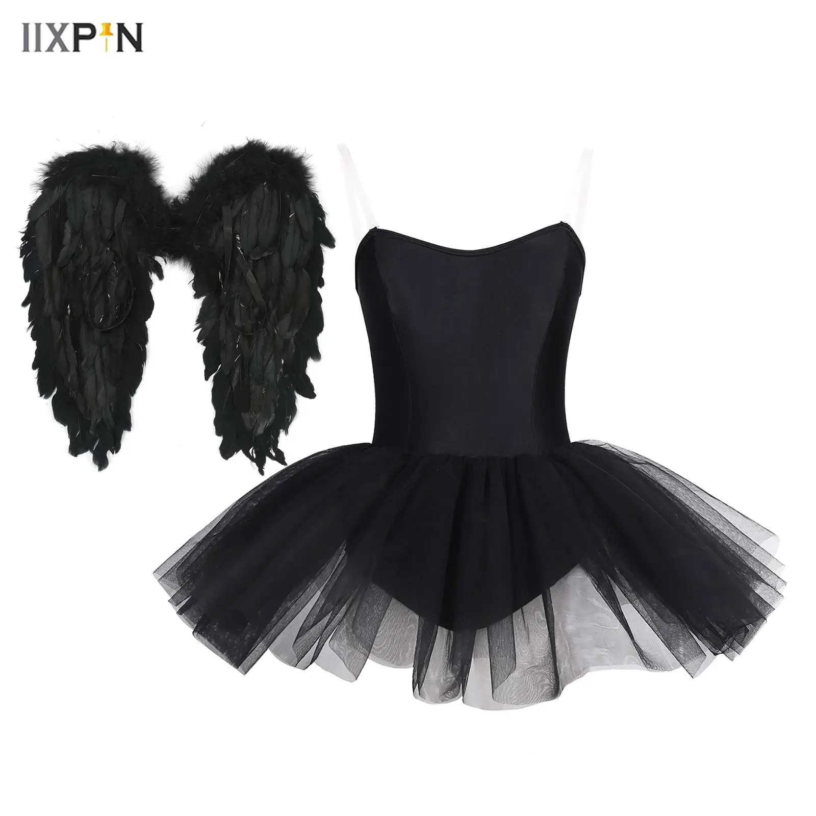 Damski strój baletowy, sukienka na Halloween, przebranie cosplay, sukienka tutu bez ramiączek + skrzydła z piór, kostium na występy sceniczne
