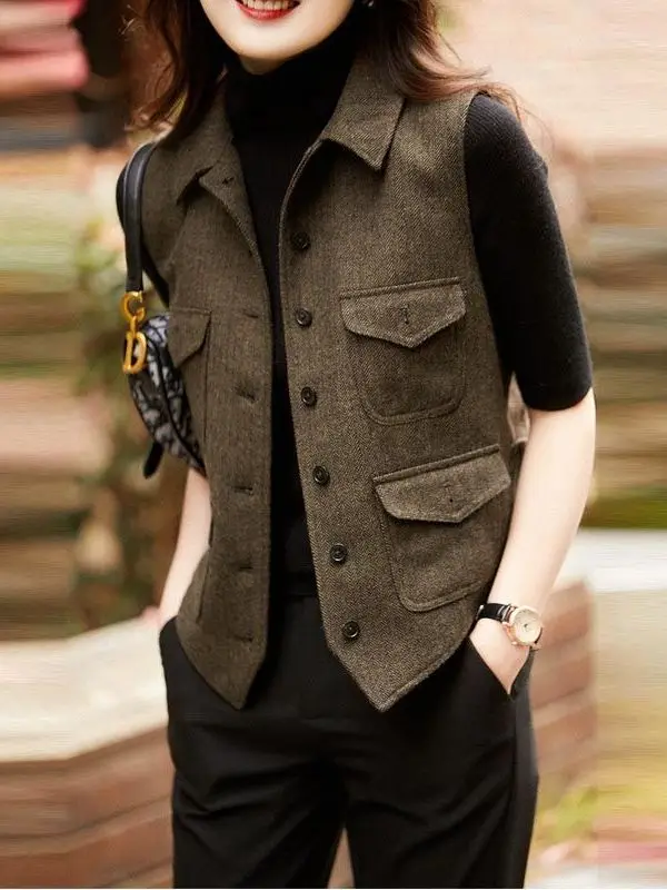 

Женский шерстяной жилет асимметричного дизайна для поездок на работу, длина, воротник на одной пуговице, однотонная хлопчатобумажная ткань