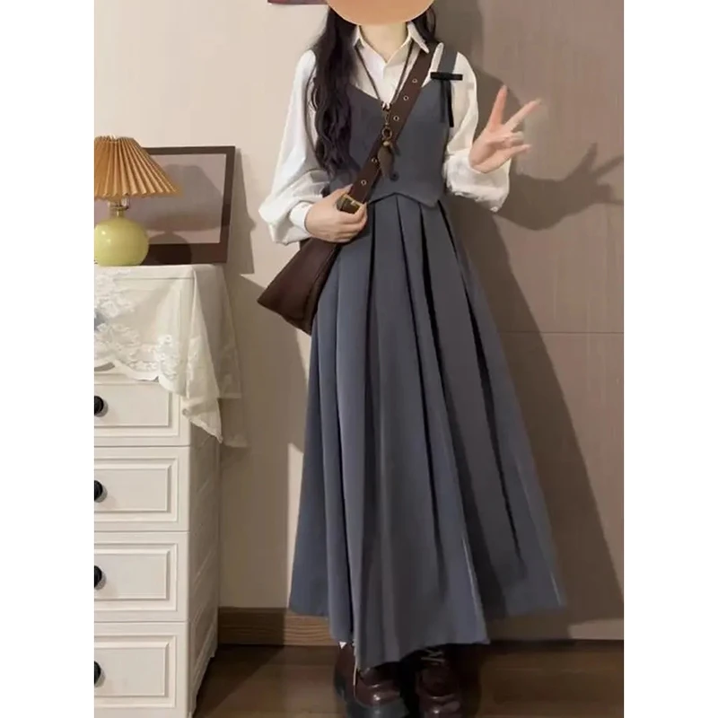 

Korean Pretty Dress 2 Piece Set Women Spring Fall White Sweet Long Sleeve Shirt Gray Pleated Camisole Dress 2 Piece Sets