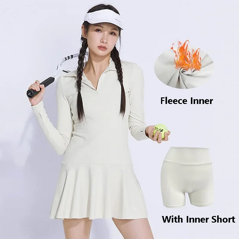 Women Warm Fleece Tennis Dress Ladies Full Sleeve Sport Dress Women V-neck Running Fitness Short Skirt Badminton Yoga Skort