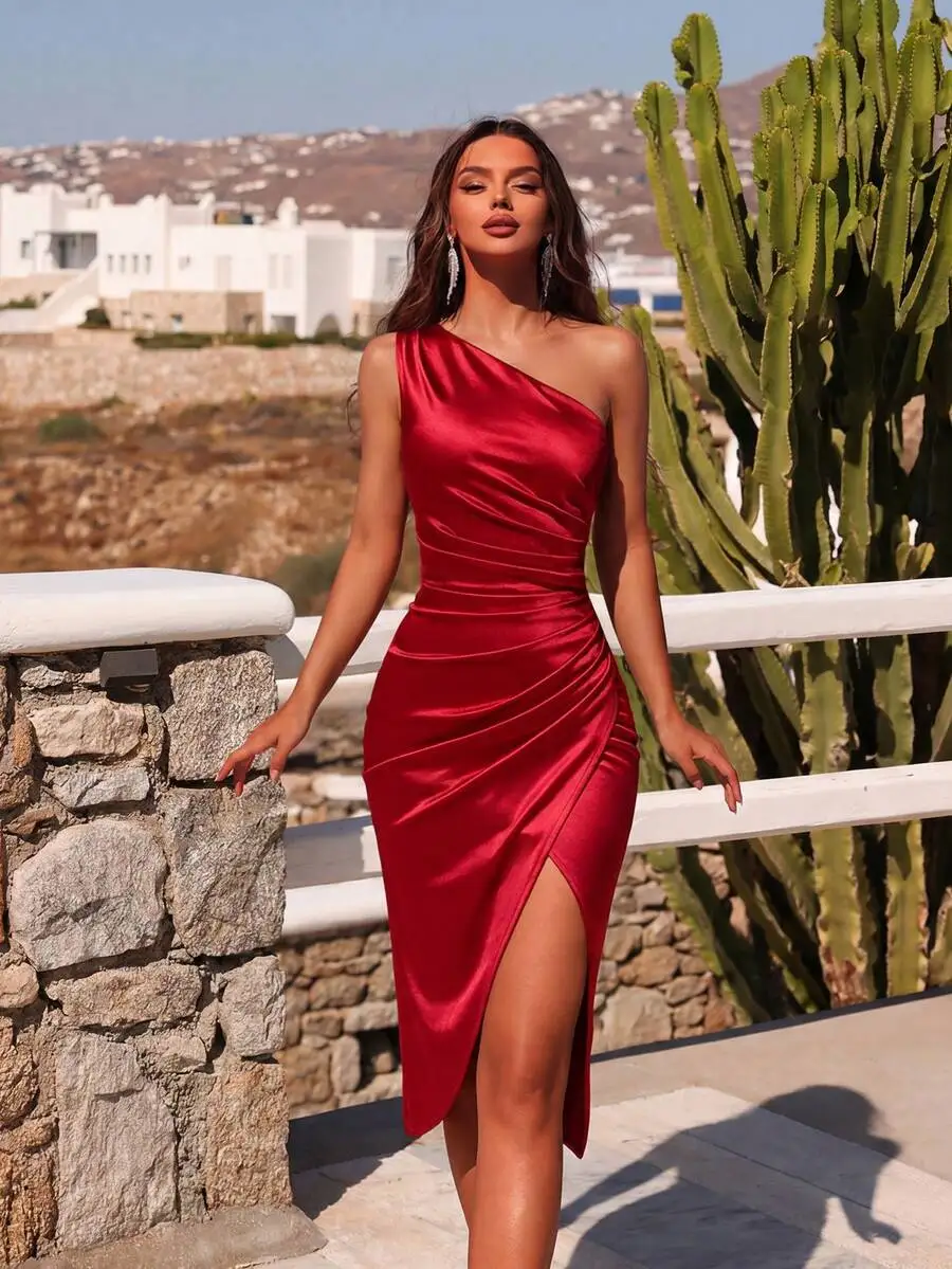 Red Satin One-Shoulder Ruched Midi Dress with High Slit for Evening Events