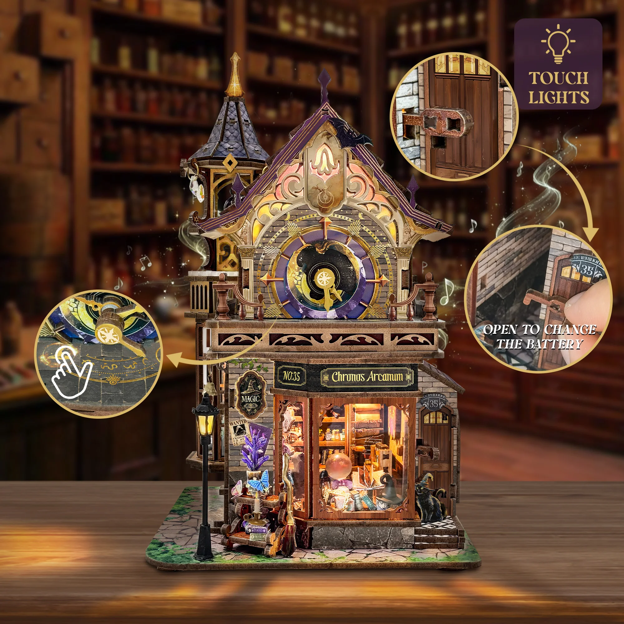 NEW DIY Wooden Time Magic Club Casa Figurines Miniatures With LED Light Music for Friends Birthday Gifts Home Decor Crafts
