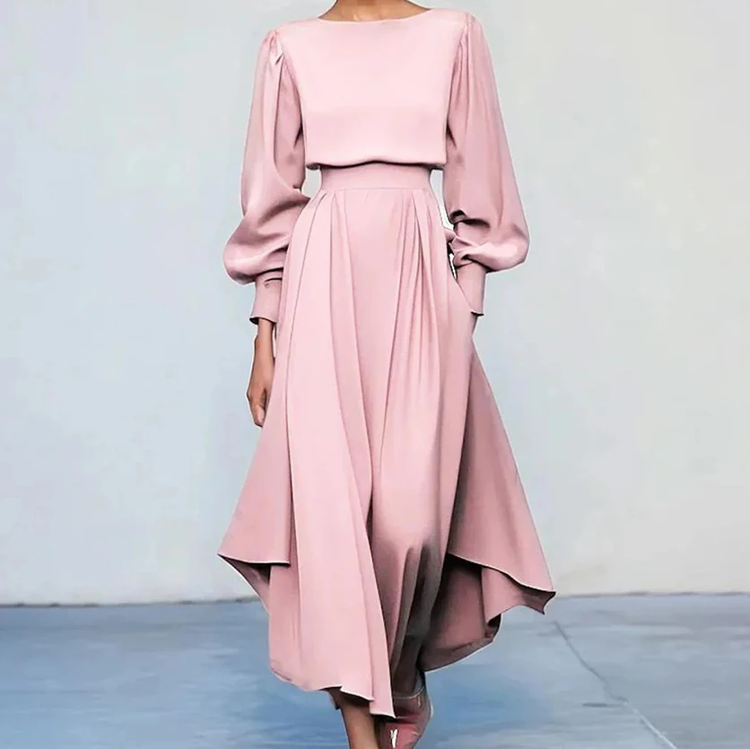 여성용 핑크 새틴 드레스 롱 랜턴 슬리브 하이 웨이스트 언밸런스 밑단 미디 드레스 정장 파티 이브닝웨어 우아하고 시크한 베스티도스